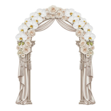 Elegant wedding arch adorned with white orchids and roses