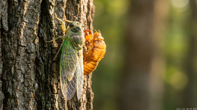 Newly emerged green cicada insect shell on tree bark. Golden brown color, translucent texture. Suitable for nature, science, education.