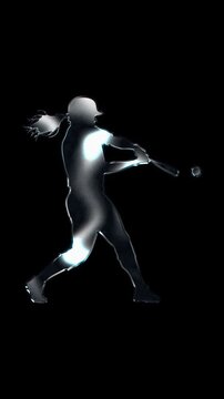 Silver metallic female baseball batter hitting pose silhouette. Alpha channel. Seamless loop video.