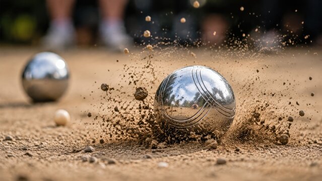 Metal boules striking dirt during outdoor petanque game