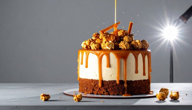 A decadent salted caramel layer cake with rich caramel sauce dripping down the sides and topped with popcorn.