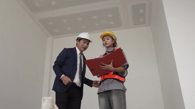 Male and female construction engineers inspecting unfinished room and checking installation details at building site.