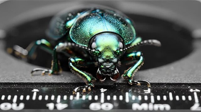 Closeup Macro Shot of a Metallic Green Beetle on a Ruler.