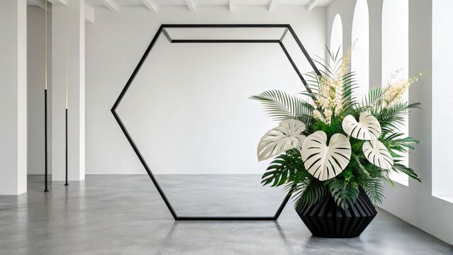 Large green plant in a black pot next to a hexagon frame in a bright room with white walls