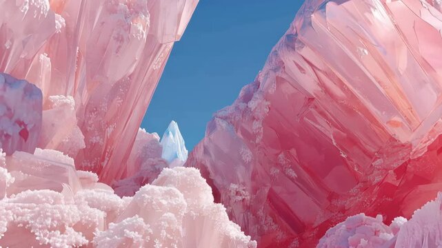 Surreal Landscape of Giant Pink Quartz Crystals under Blue Sky