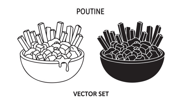 Poutine vector set with cheese curds and fries in two bowls for food illustration