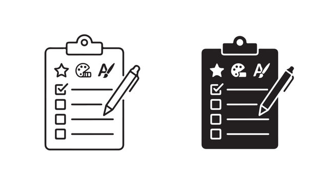 Black and white clipboard icons with checklists and pencils for business and design concepts