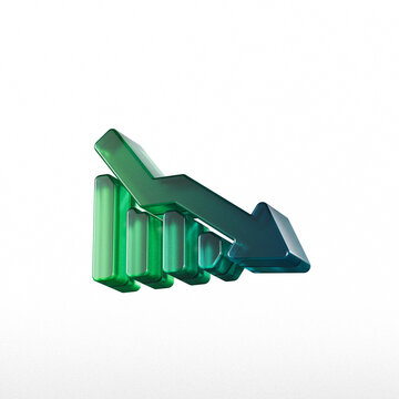 Declining bar graph with downward pointing arrow a glossy 3d rendering on white