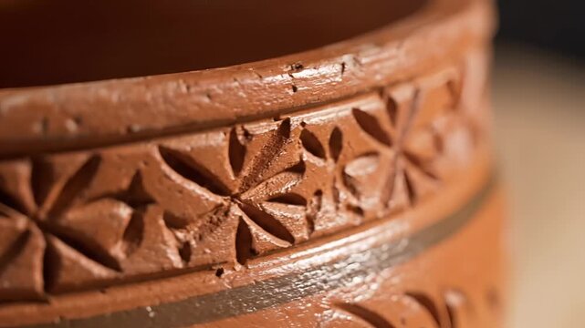 Closeup of an ancient terracotta pot with intricate carved floral patterns.