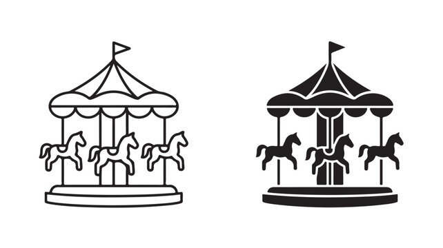 Black and white carousel icons with horses on isolated background for amusement park concepts