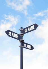 Obraz premium 086-50-Street signpost with three arrow signs pointing different ways under a blue sky