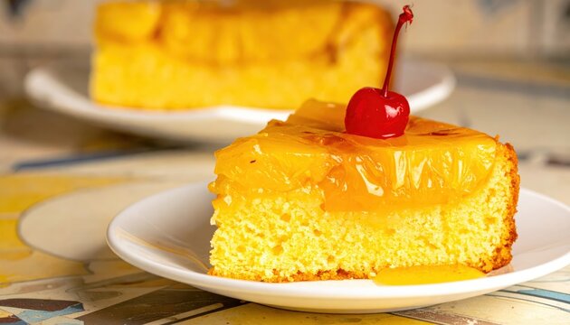 A delectable slice of pineapple upside down cake with a glistening caramelized top and a bright red cherry