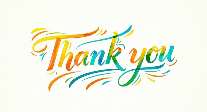 Colorful script thank you calligraphy on white background.
