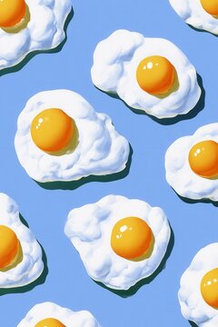 Flat design fried eggs seamless pattern on blue background
