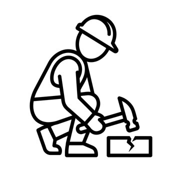 Line art illustration of construction worker icon using a hammer to break a brick