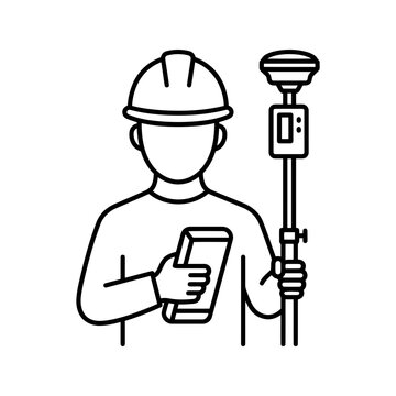 Line art illustration of surveyor with gps equipment and data collector line icon