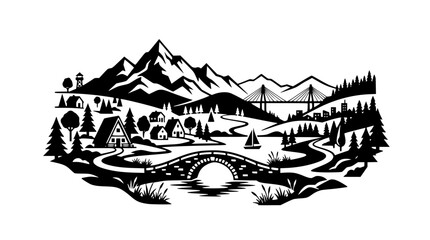 Fototapeta premium Black and white scenic mountain landscape with village, bridges, and river vector illustration