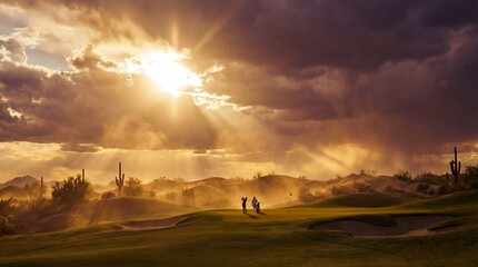 Fototapeta premium Mountains and cactus at golf course sunset concept. Golfers enjoying a scenic sunset on a beautiful golf course.