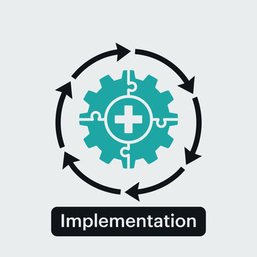 Vector graphic illustration Teal gear icon with plus sign and arrows for implementation process
