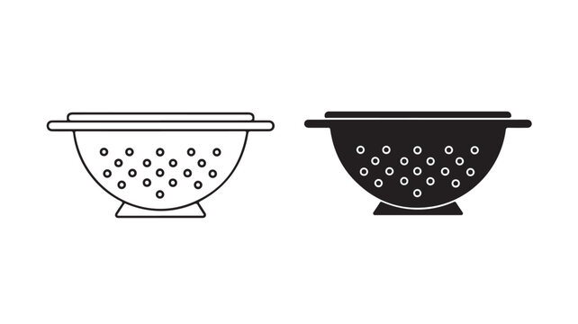 Black and white colander icons on plain background for kitchen utensil concepts