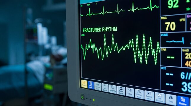 Electrocardiogram shows broken heartbeat in blue light concept. Medical monitor displaying fractured heart rhythm on screen.