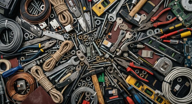 Assorted industrial hand tools and hardware components arranged in a chaotic flat lay composition on a dark surface for construction and diy renovation projects