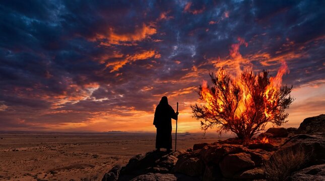 Burning bush on fire appears from Bible concept. Mystical scene of a figure by a burning bush at sunset.