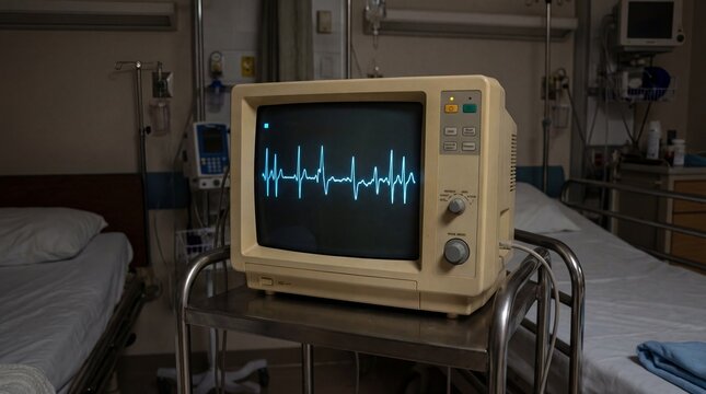 Electrocardiogram shows broken heartbeat in blue light concept. Old medical monitor displaying heart rate in a hospital setting.