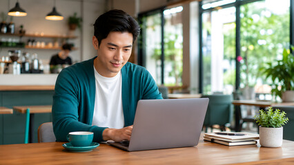 Fototapeta premium Freelancer Working with Cloud Workflow in Modern Cafe