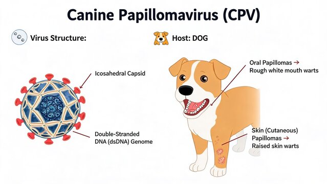 Canine Papillomavirus (CPV) Infographic, Virus Structure Diagram with Icosahedral Capsid and dsDNA Genome, Showing Oral and Cutaneous Papilloma Symptoms in Dogs
