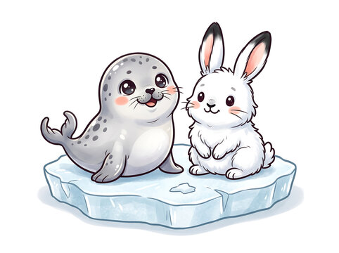 Cute heartwarming cartoon scene of a friendly baby seal and a small arctic hare sitting side by side on an ice floe, chibi proportions with large round heads and short limbs