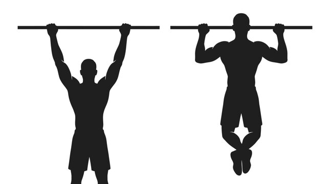 A fitness athlete's body silhouette performing a pull-ups exercise workout routine on a bar