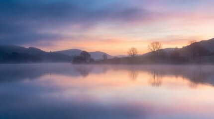 Obraz premium Dreamy atmosphere takes over at twilight concept. Serene lake at dawn, reflecting soft colors and misty hills.