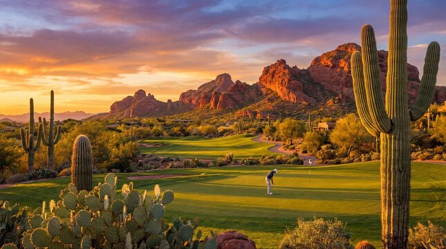 Mountains and cactus at golf course sunset concept. Serene golf course at sunset with mountains and cacti in view.