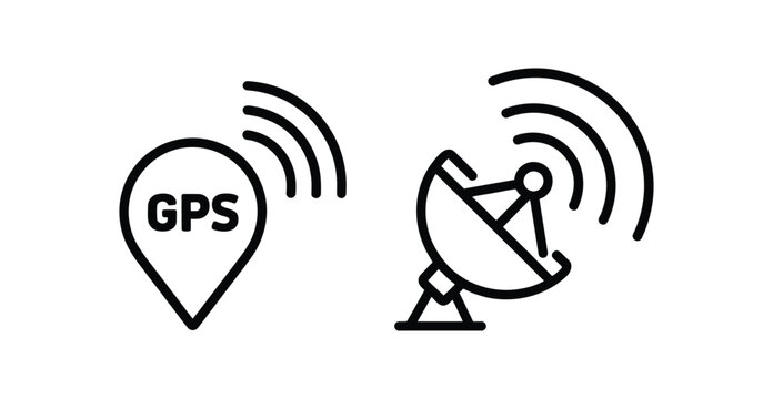 Satellite navigation GPS icons location pin and dish antenna vector illustration set