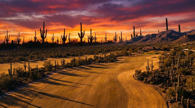 Mountains and cactus at golf course sunset concept. Stunning desert landscape with cacti under a vibrant sunset.