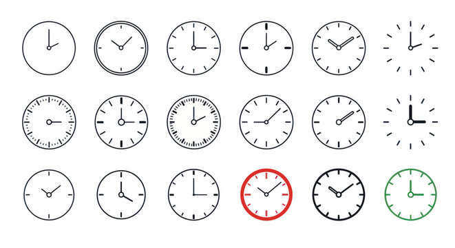 Collection of Clock Icons and Watch Faces, Time Measurement Symbols