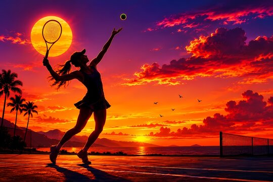 female tennis player silhouette on the beach