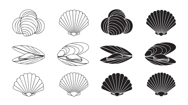Scallop Shells Icons Set In Black And White For Ocean Coastal Concepts