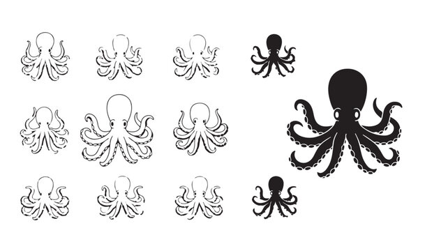 Octopus Silhouettes and Line Art Illustrations on White Background for Graphic Design