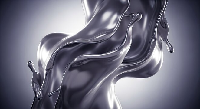 Dynamic dark silver metallic liquid splash on black background.