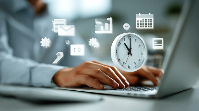 Time management and productivity concept with professional using laptop surrounded by digital clock calendar and smart workflow icons for efficient scheduling automation and performance optimization