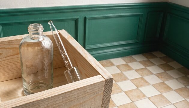 Vintage scientific glass tools displayed in a wooden trough against green wainscoting and tile