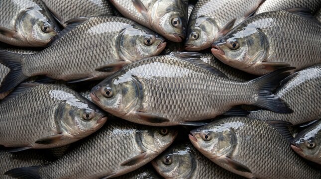 Fresh raw crucian carp fish pile displayed together for sale at a local market stall featuring detailed shiny scales and natural silver colors for culinary use