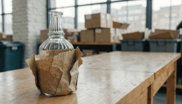 Wrapped glass bottle resting on a wooden surface in a bright commercial setting