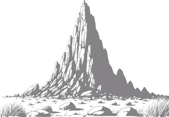 Dramatic jagged mountain peak with rocky terrain and sparse vegetation © Abdullah_43