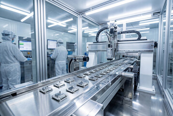 Obraz premium Automated assembly line conveying electronic components in a high tech cleanroom factory setting