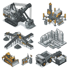 Set of isometric illustrations depicting heavy machinery and industrial equipment used in mining and construction. © Nelya