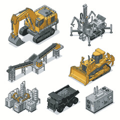 Collection of isometric industrial construction and mining heavy machinery and equipment. © Nelya