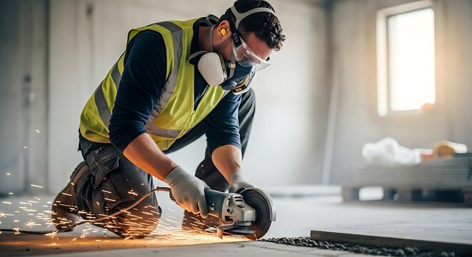 Construction worker using angle grinder on floor with flying sparks